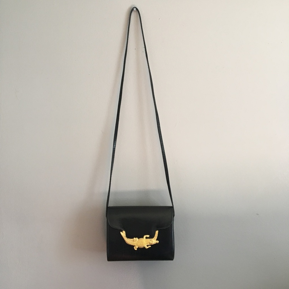 Black Crossbody Bag with Gold Crocodile Accent